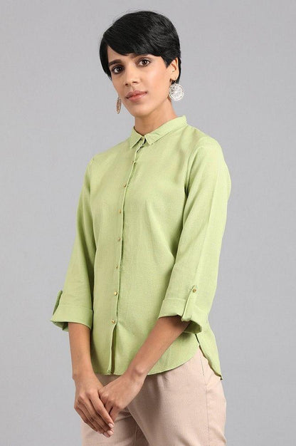 Green Solid Mandarin Collar Shirt - wforwoman