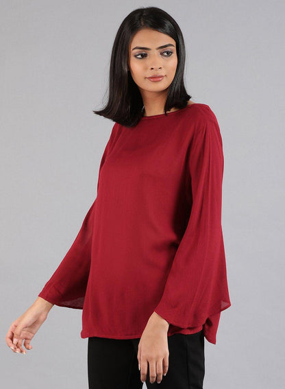 Maroon Round Neck Solid Top - wforwoman