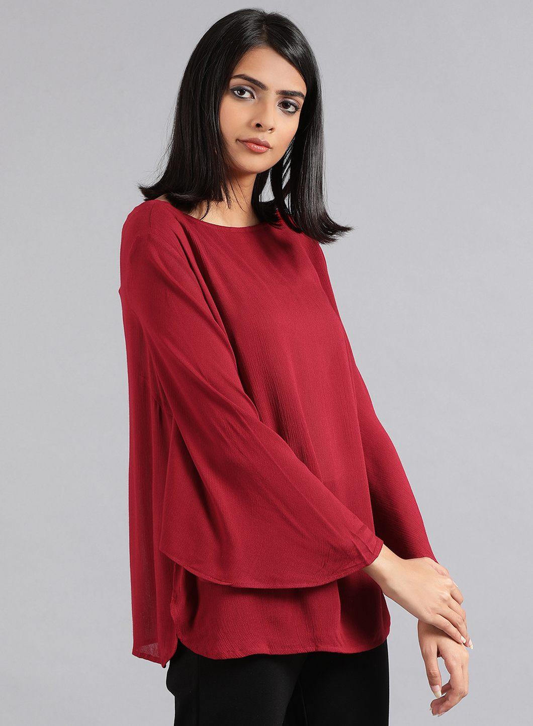 Maroon Round Neck Solid Top - wforwoman