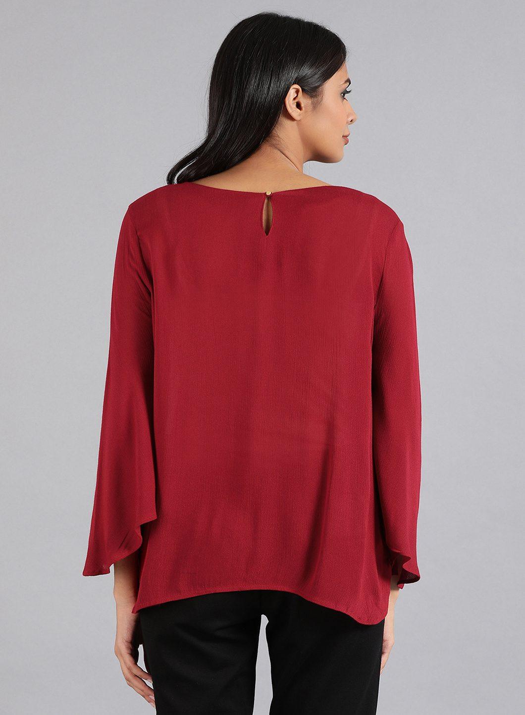 Maroon Round Neck Solid Top - wforwoman