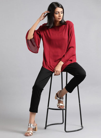 Maroon Round Neck Solid Top - wforwoman