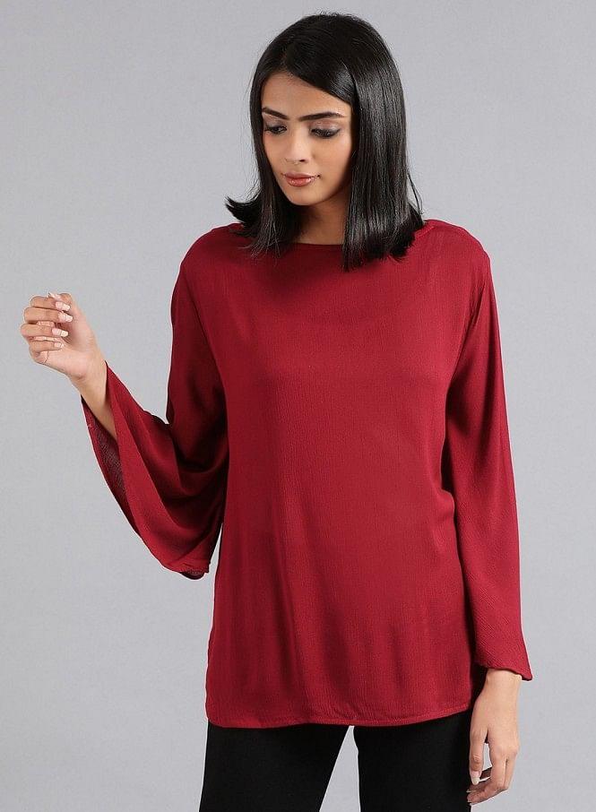 Maroon Round Neck Solid Top - wforwoman