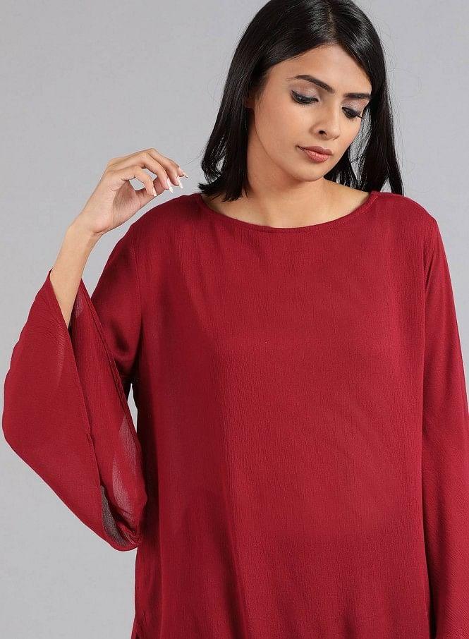 Maroon Round Neck Solid Top - wforwoman