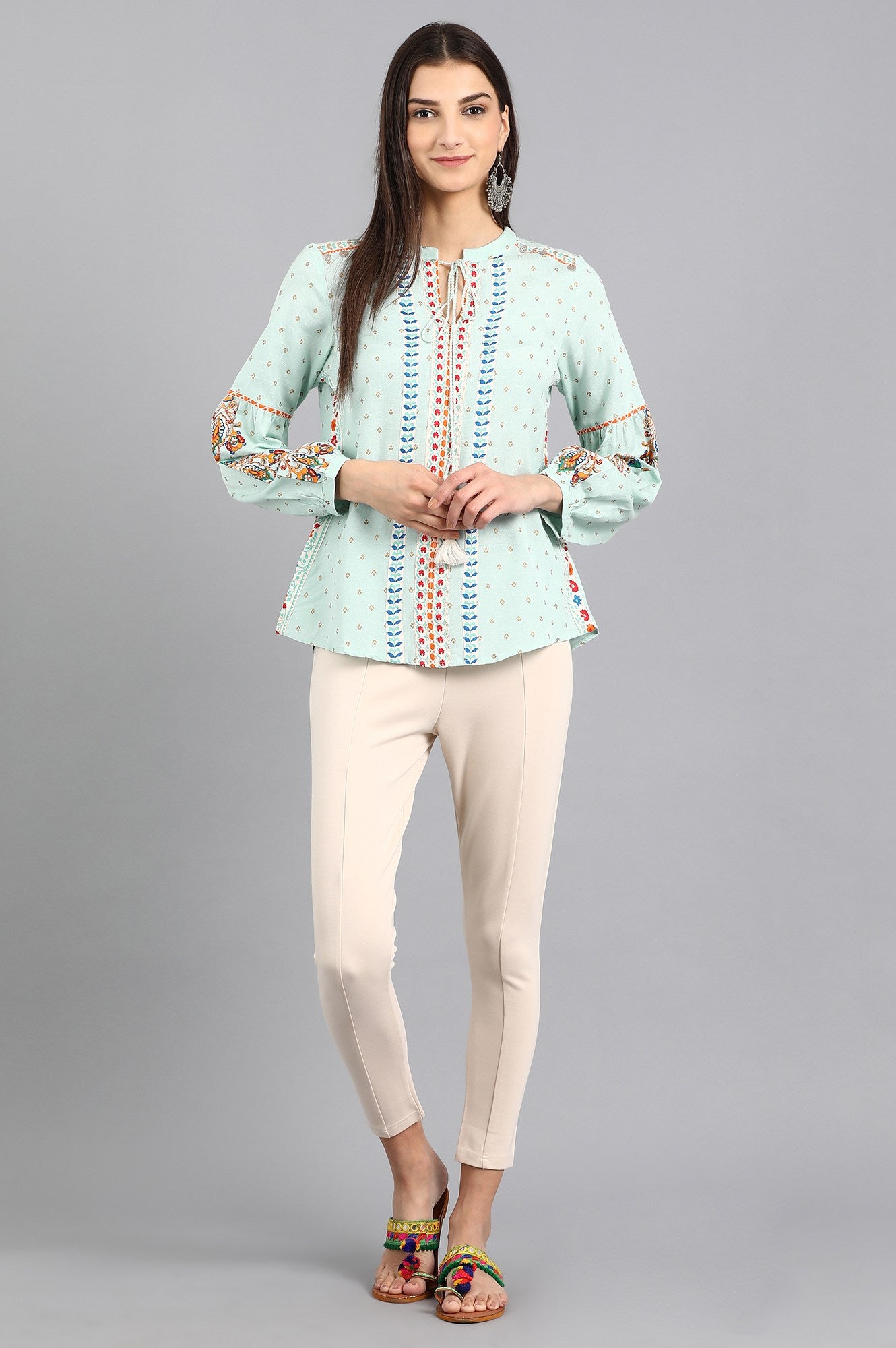 Blue Mandarin Neck Printed Top