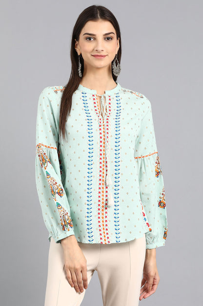 Blue Mandarin Neck Printed Top