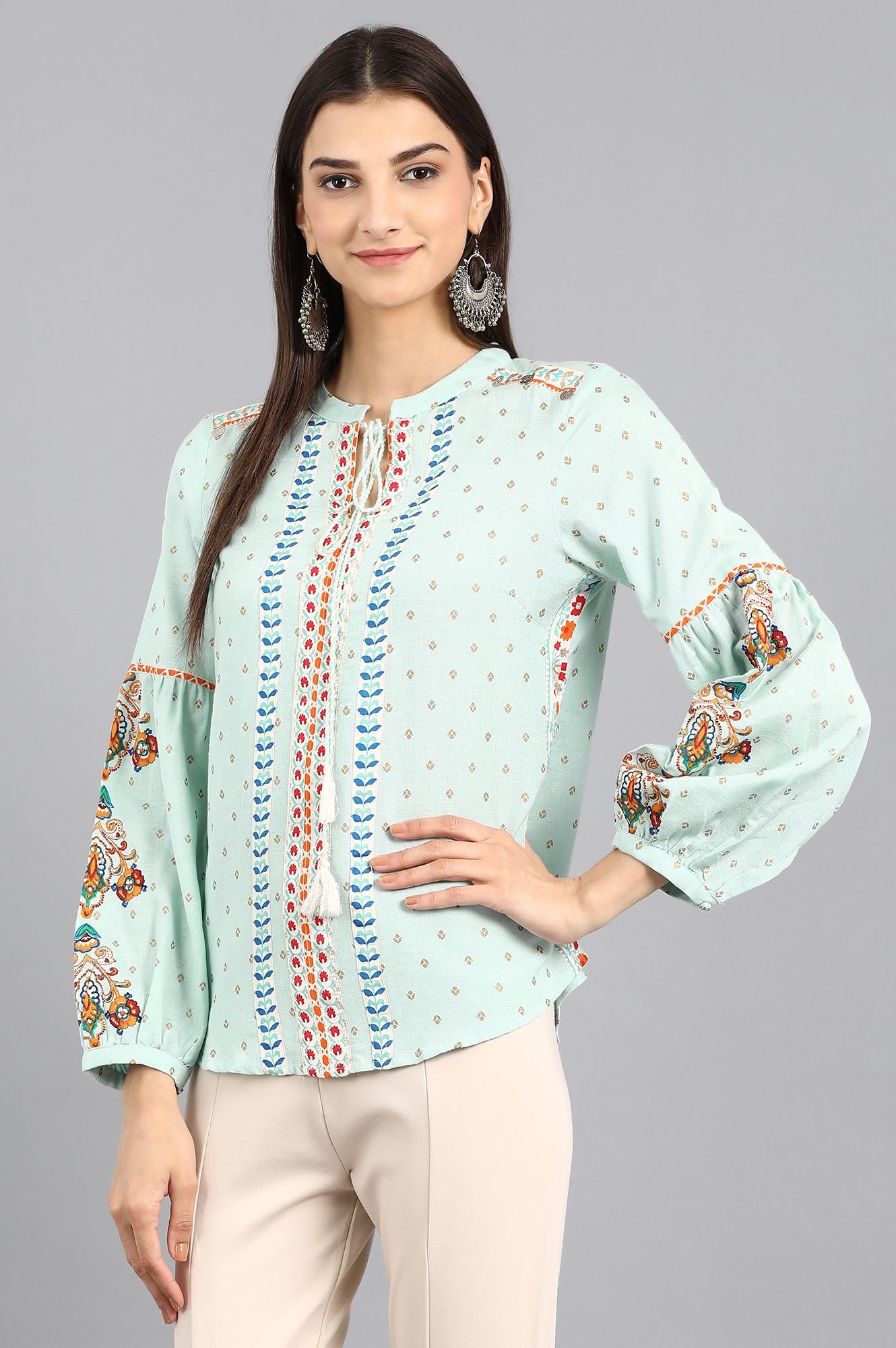 Blue Mandarin Neck Printed Top