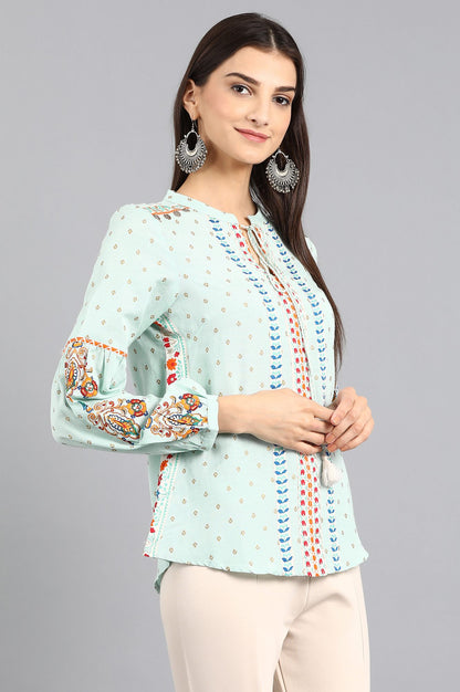 Blue Mandarin Neck Printed Top