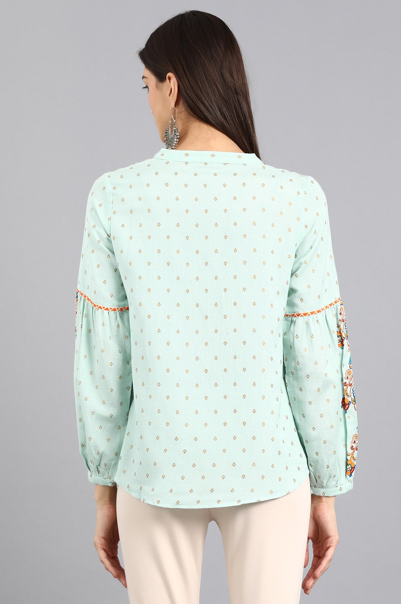 Blue Mandarin Neck Printed Top