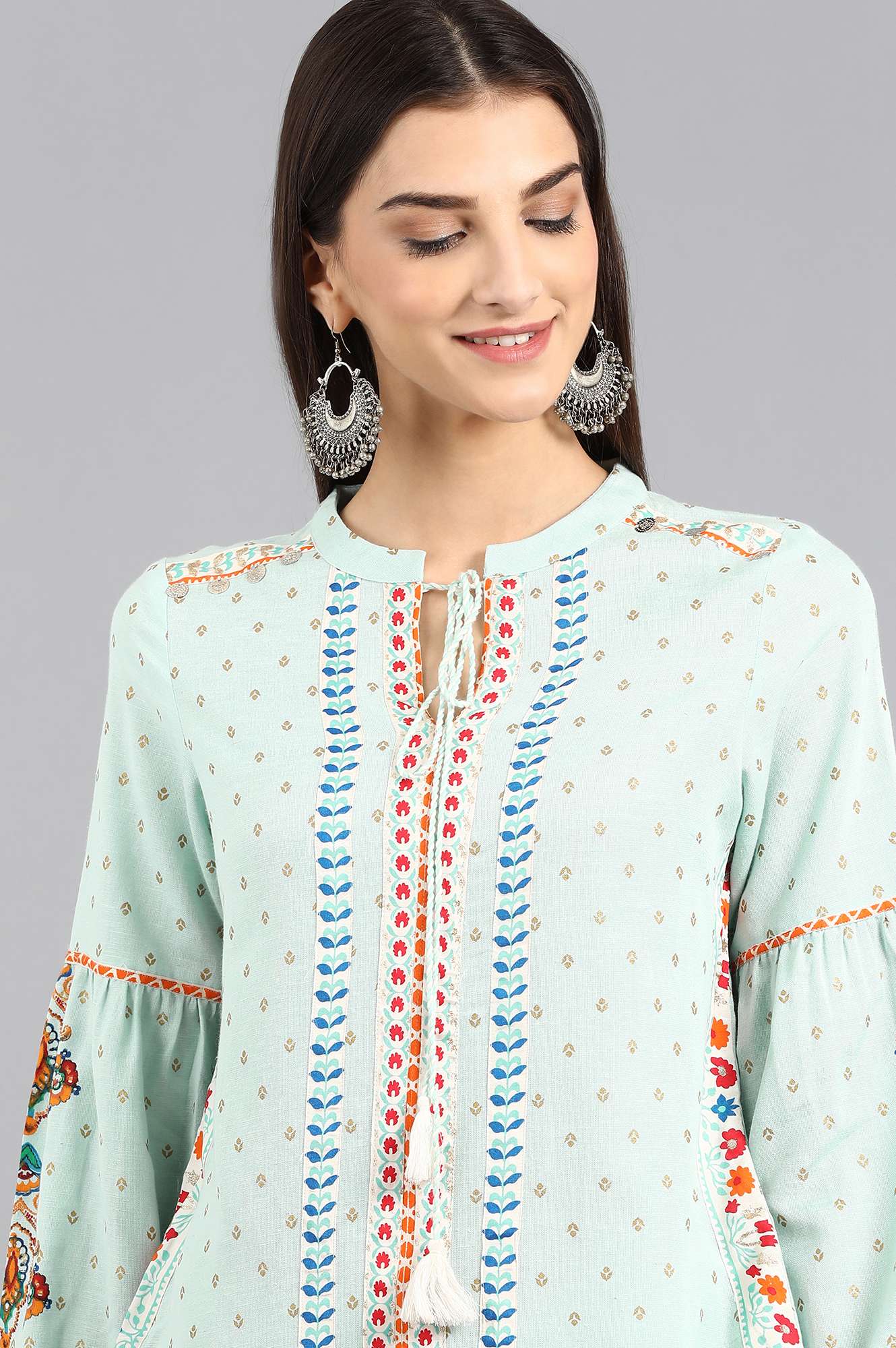 Blue Mandarin Neck Printed Top