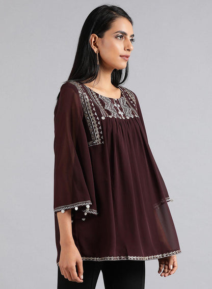 Wine Round Neck Festive Top - wforwoman