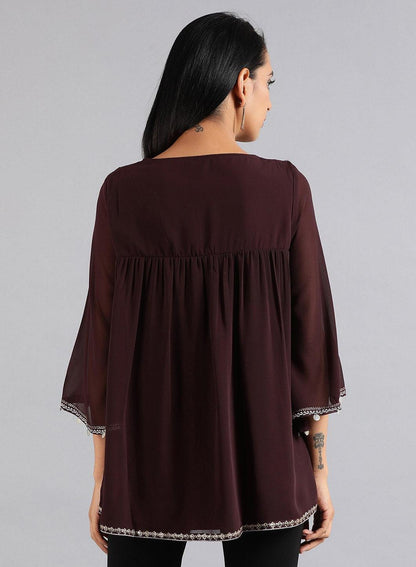 Wine Round Neck Festive Top - wforwoman