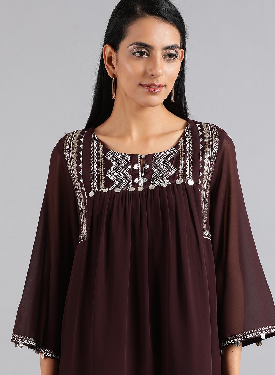 Wine Round Neck Festive Top - wforwoman