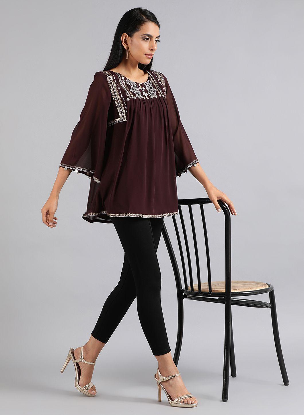 Wine Round Neck Festive Top - wforwoman