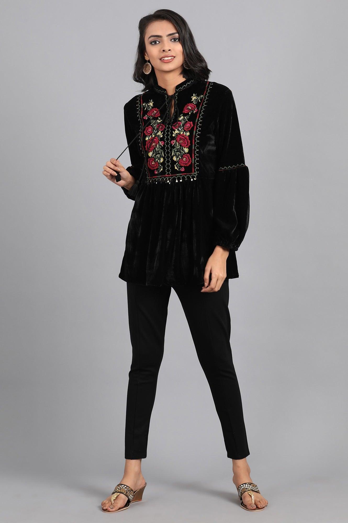 Black Mandarin Neck Embroidered Top - wforwoman