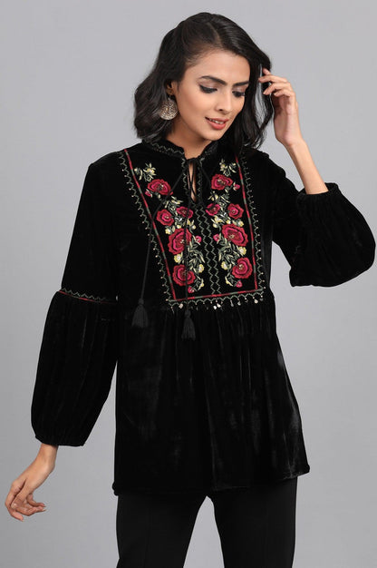 Black Mandarin Neck Embroidered Top - wforwoman