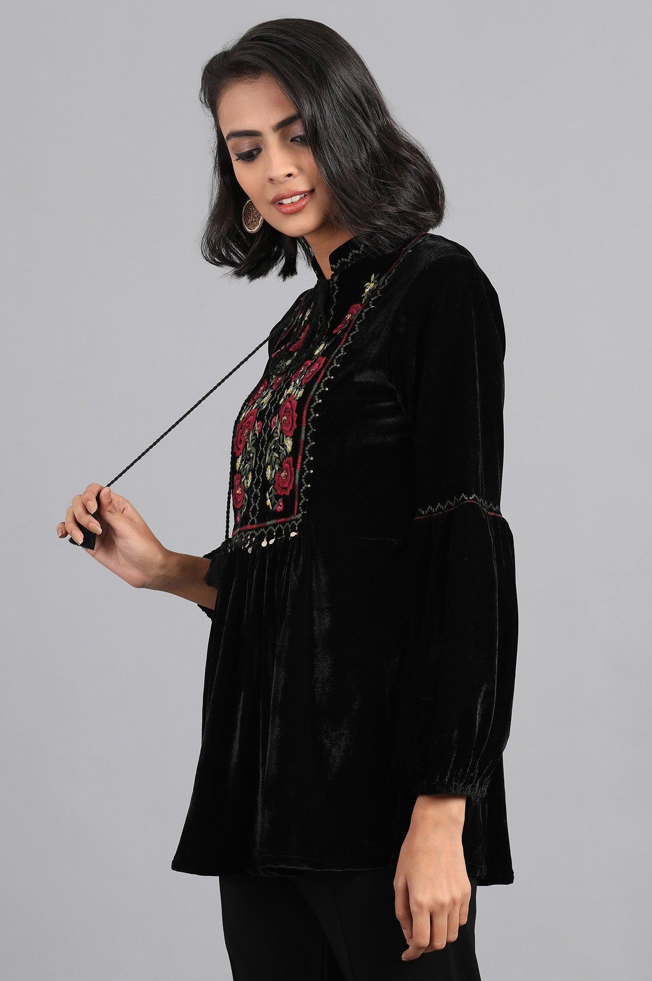 Black Mandarin Neck Embroidered Top - wforwoman