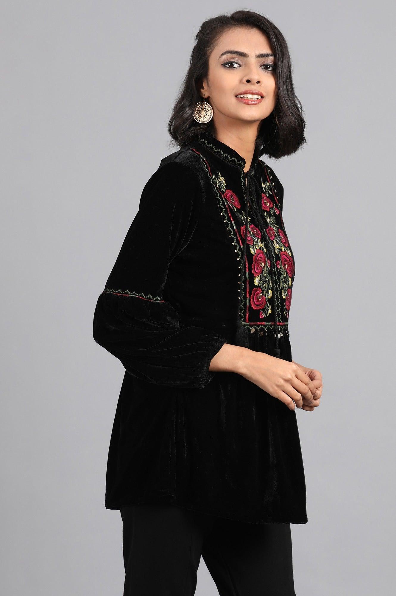 Black Mandarin Neck Embroidered Top - wforwoman