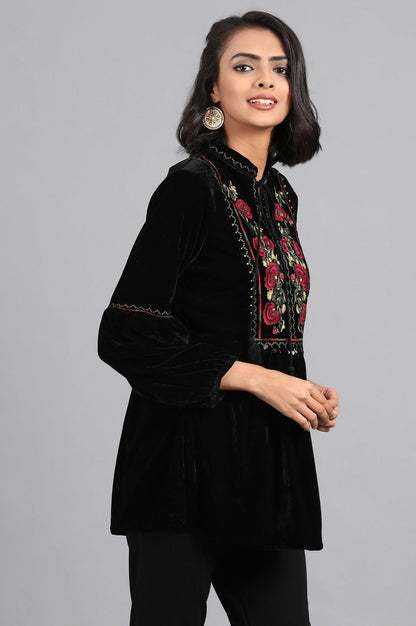 Black Mandarin Neck Embroidered Top - wforwoman