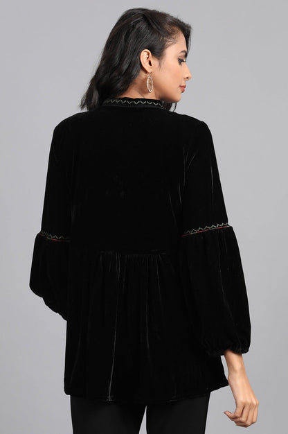 Black Mandarin Neck Embroidered Top - wforwoman