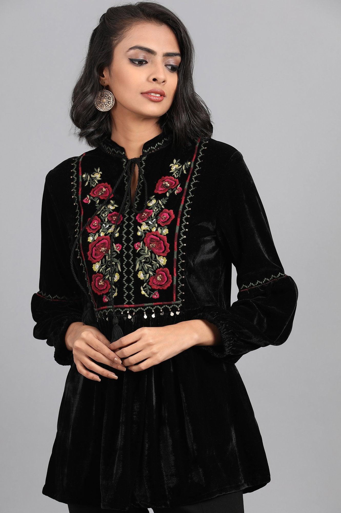 Black Mandarin Neck Embroidered Top - wforwoman