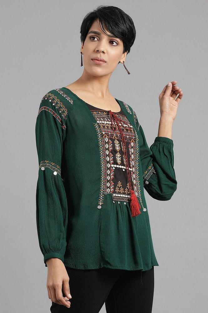 Green Round Neck Top - wforwoman