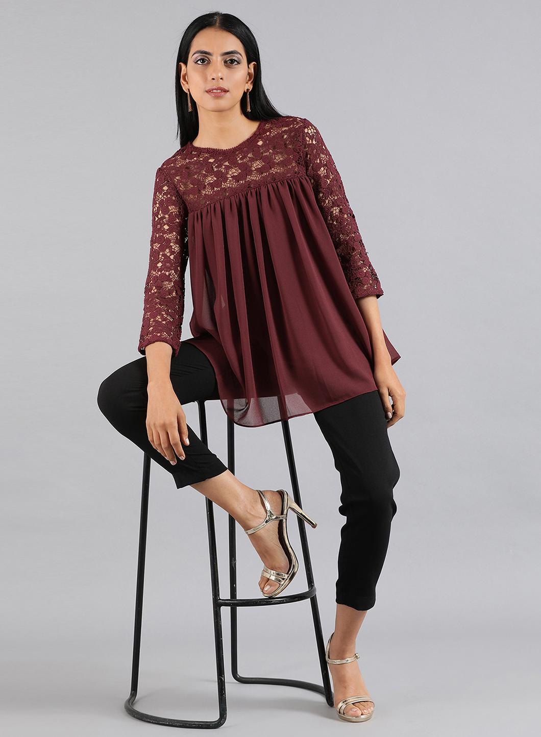 Wine Round Neck Lace Top - wforwoman