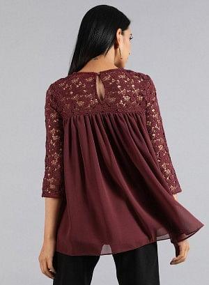 Wine Round Neck Lace Top - wforwoman