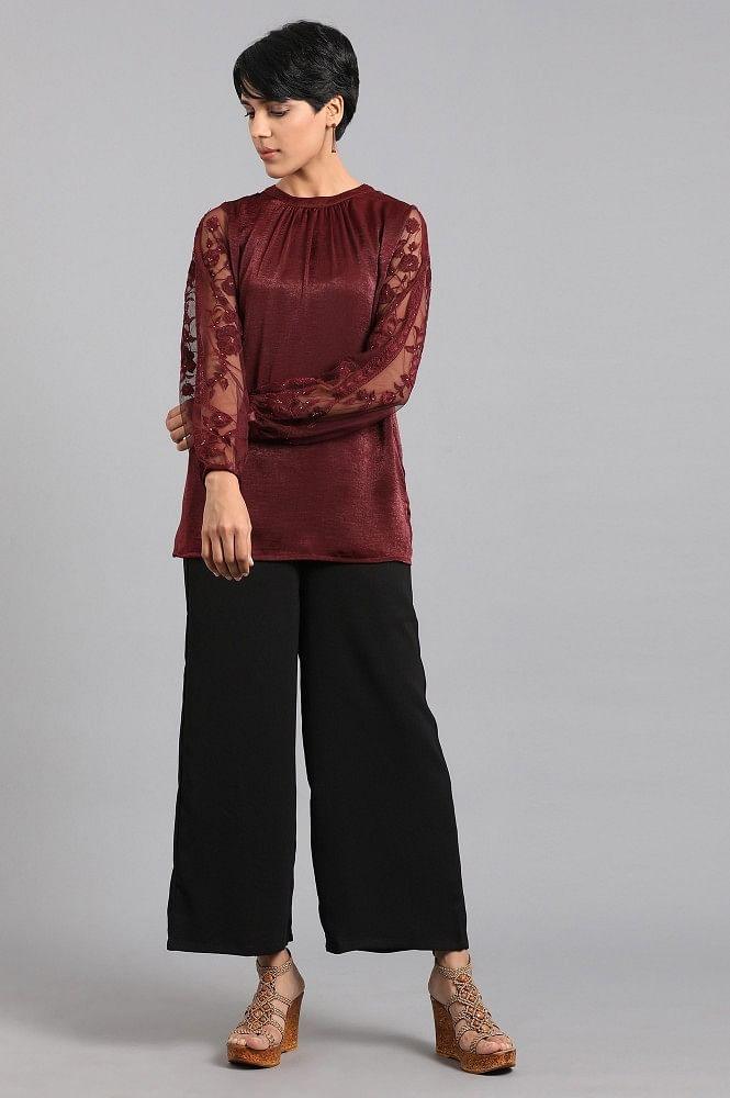 Maroon Mandarin Neck Festive Top - wforwoman