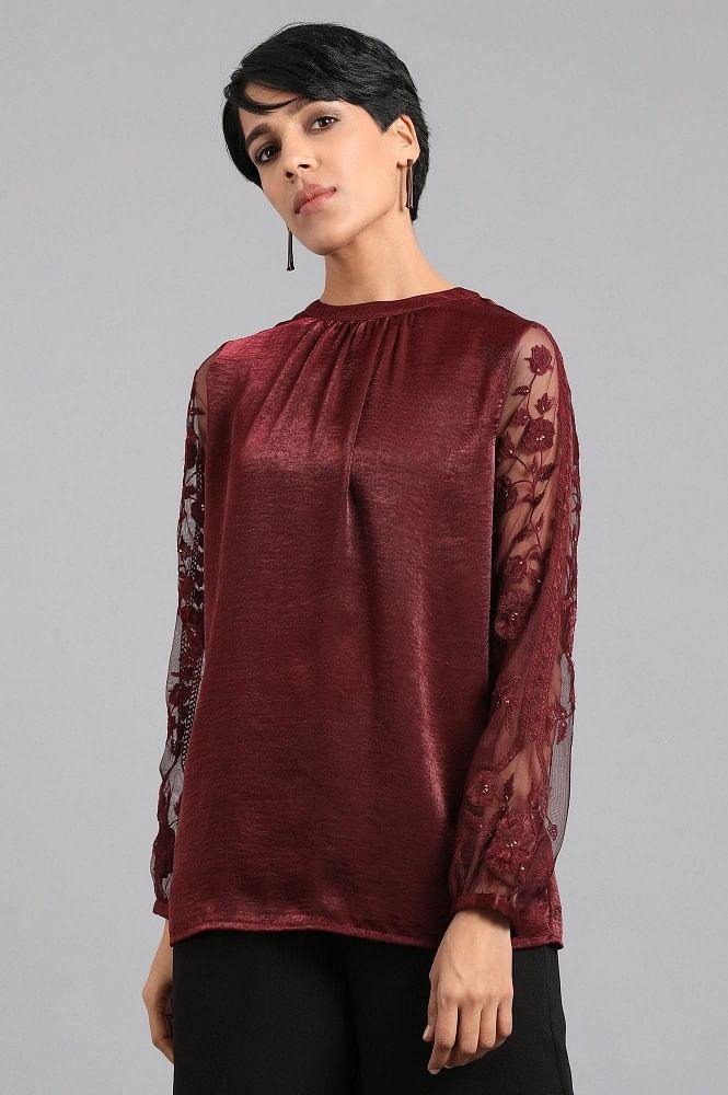 Maroon Mandarin Neck Festive Top - wforwoman