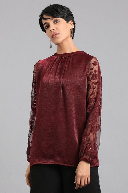 Maroon Mandarin Neck Festive Top - wforwoman