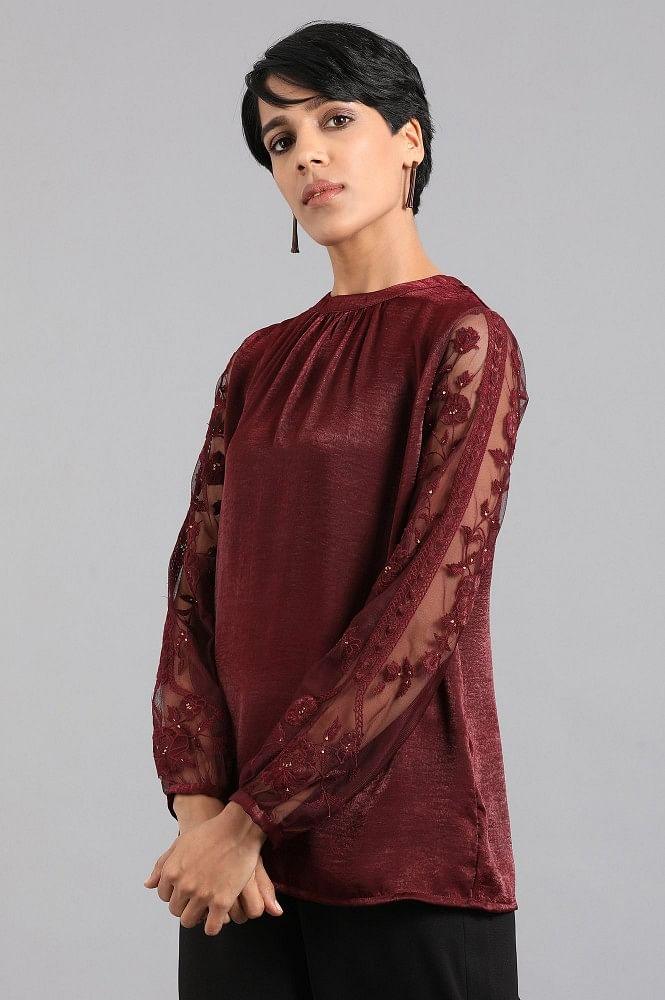 Maroon Mandarin Neck Festive Top - wforwoman