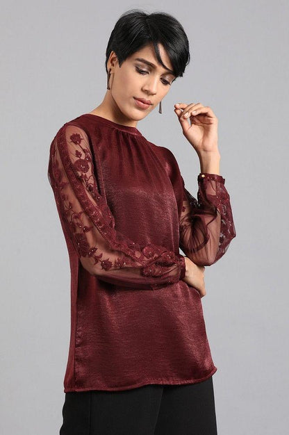 Maroon Mandarin Neck Festive Top - wforwoman