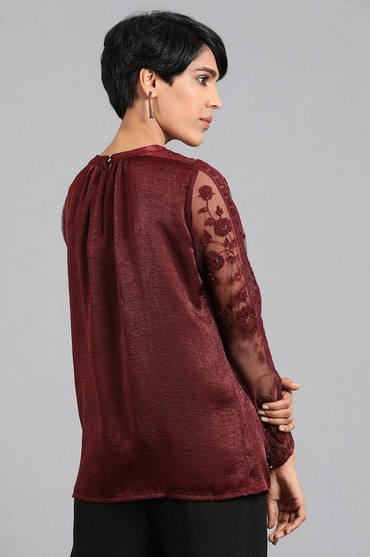 Maroon Mandarin Neck Festive Top - wforwoman