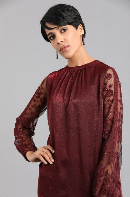 Maroon Mandarin Neck Festive Top - wforwoman