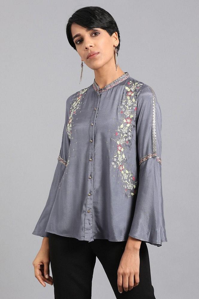 Grey Mandarin Neck Top - wforwoman