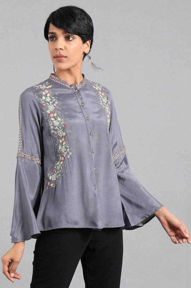 Grey Mandarin Neck Top - wforwoman