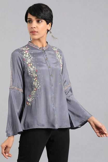 Grey Mandarin Neck Top - wforwoman