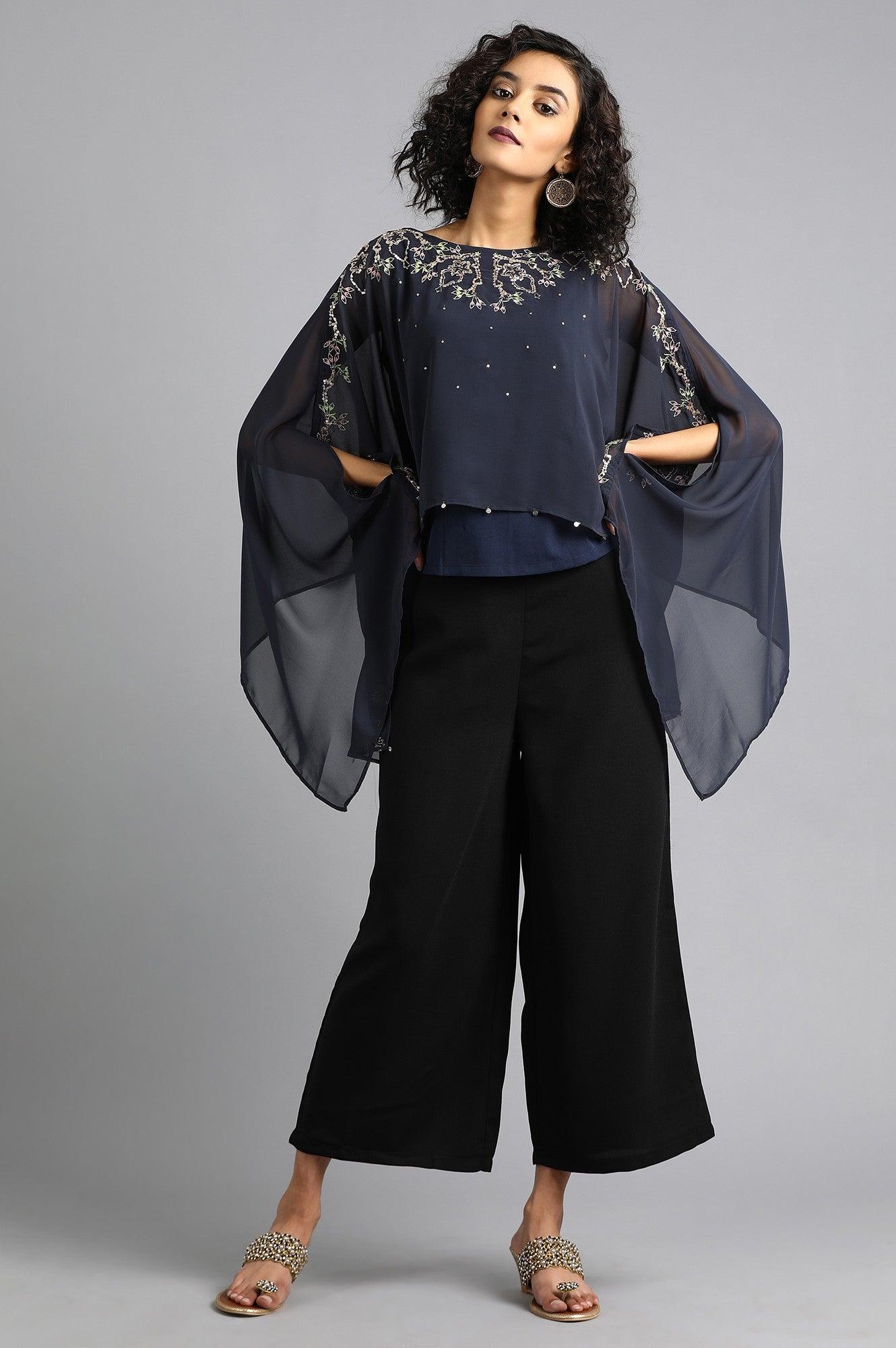 Blue Round Neck Cape Sleeves Top - wforwoman