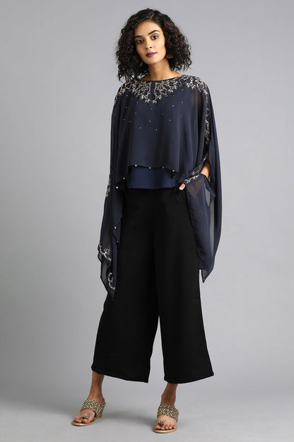 Blue Round Neck Cape Sleeves Top - wforwoman