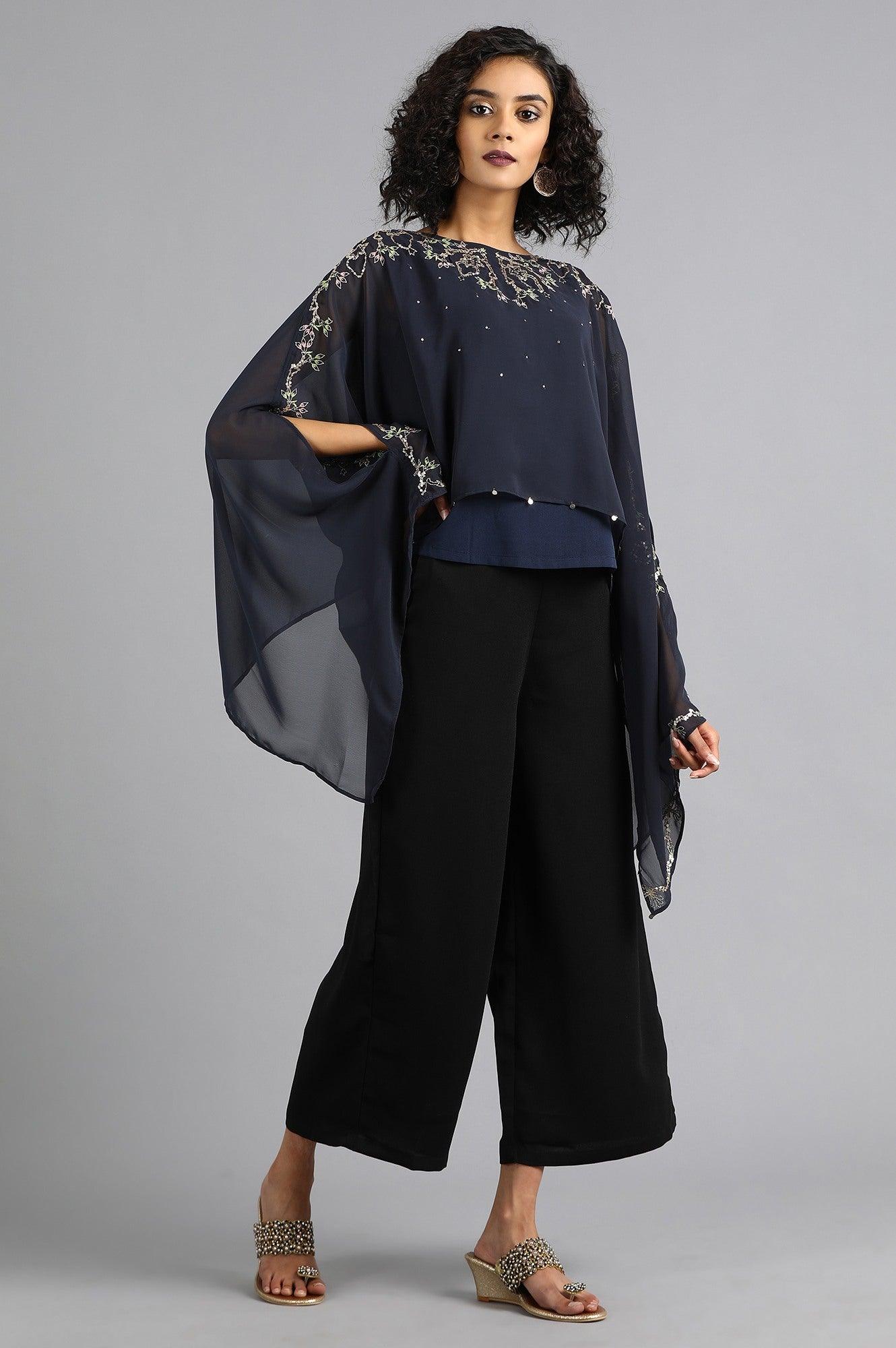 Blue Round Neck Cape Sleeves Top - wforwoman