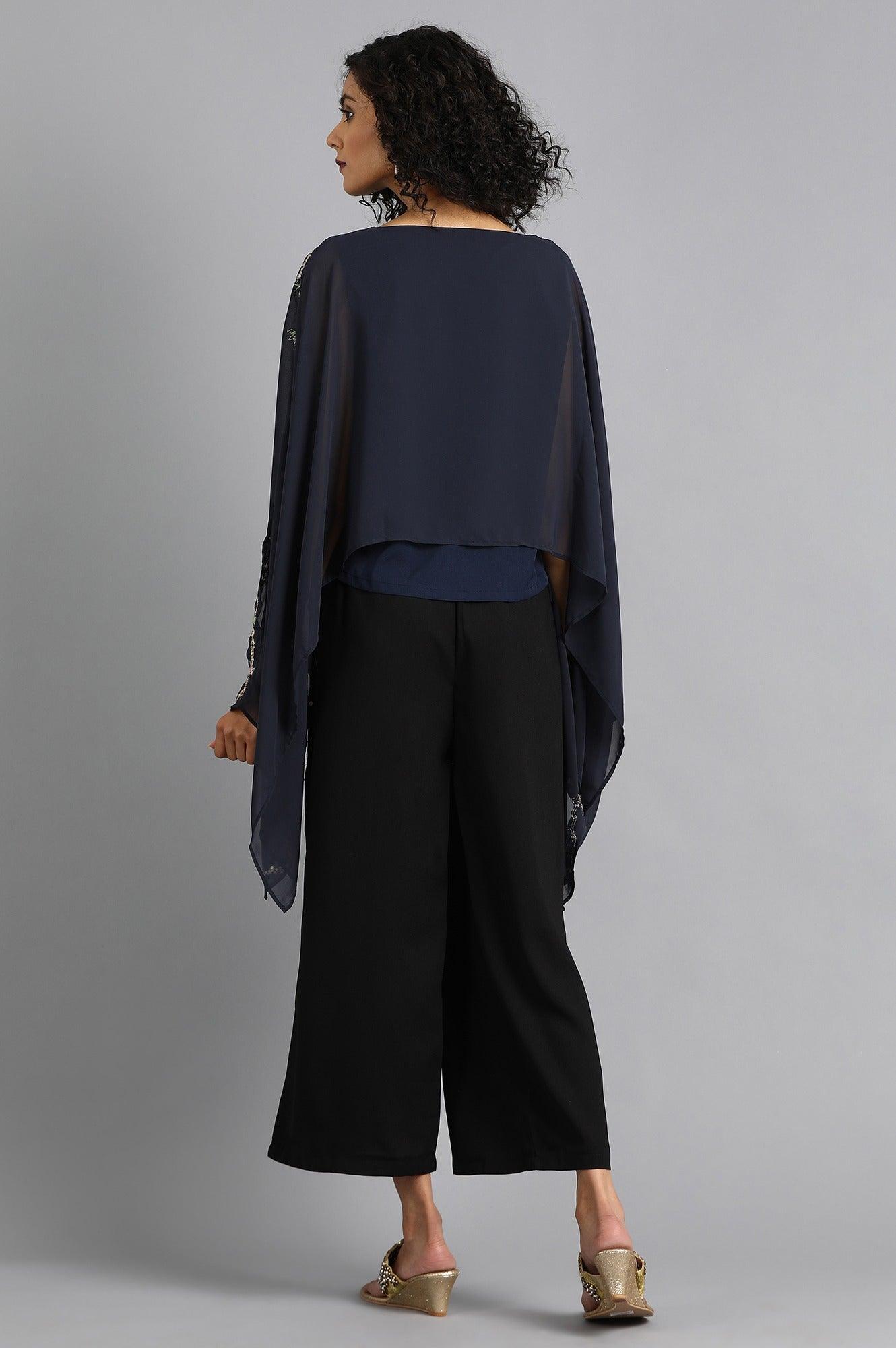 Blue Round Neck Cape Sleeves Top - wforwoman