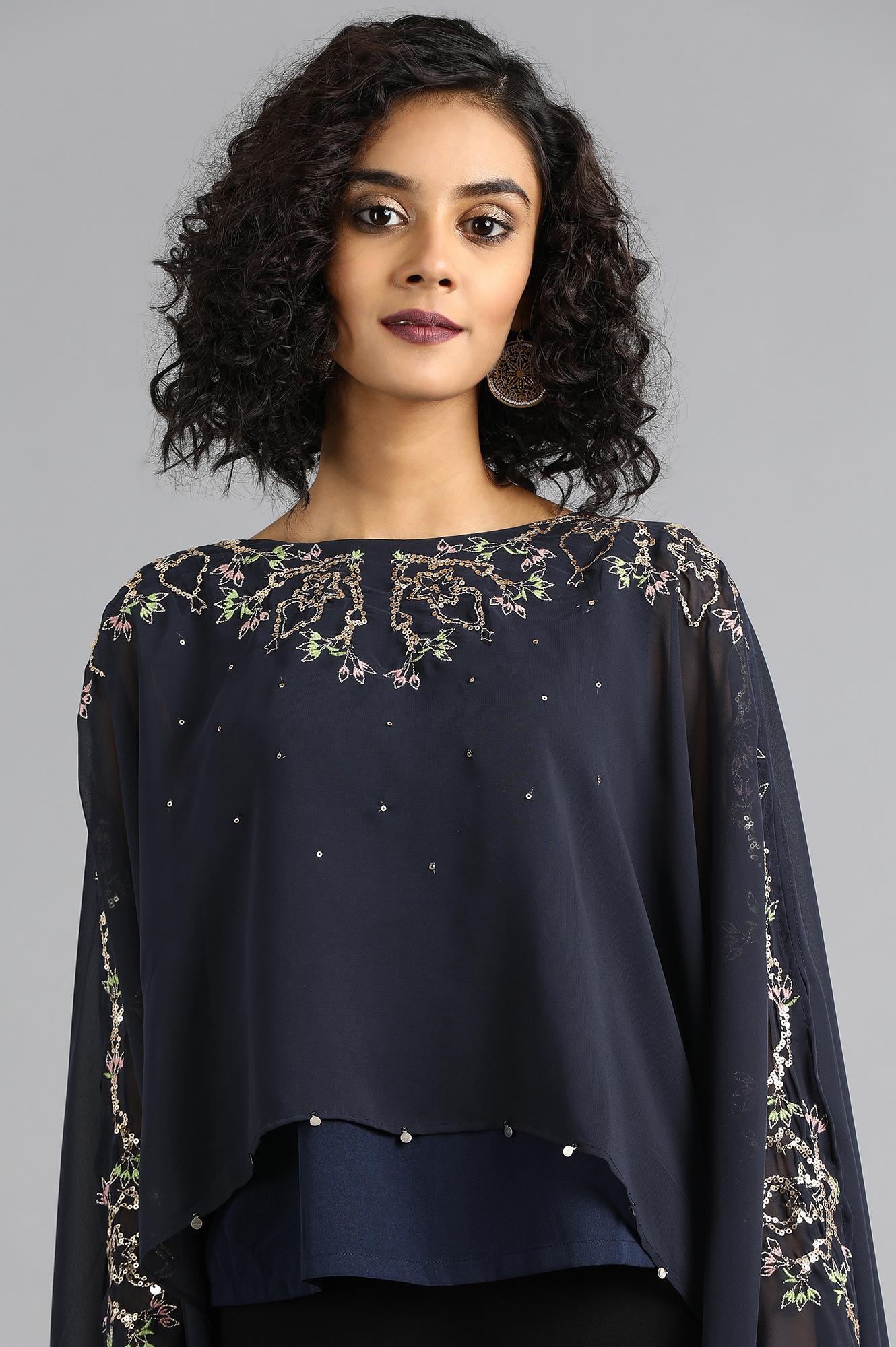 Blue Round Neck Cape Sleeves Top - wforwoman