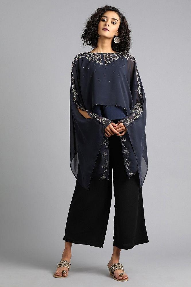 Blue Round Neck Cape Sleeves Top - wforwoman