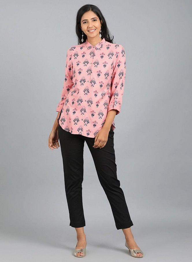 Pink Shirt Collar Floral Print Top - wforwoman