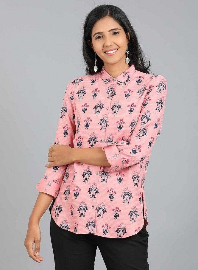 Pink Shirt Collar Floral Print Top - wforwoman