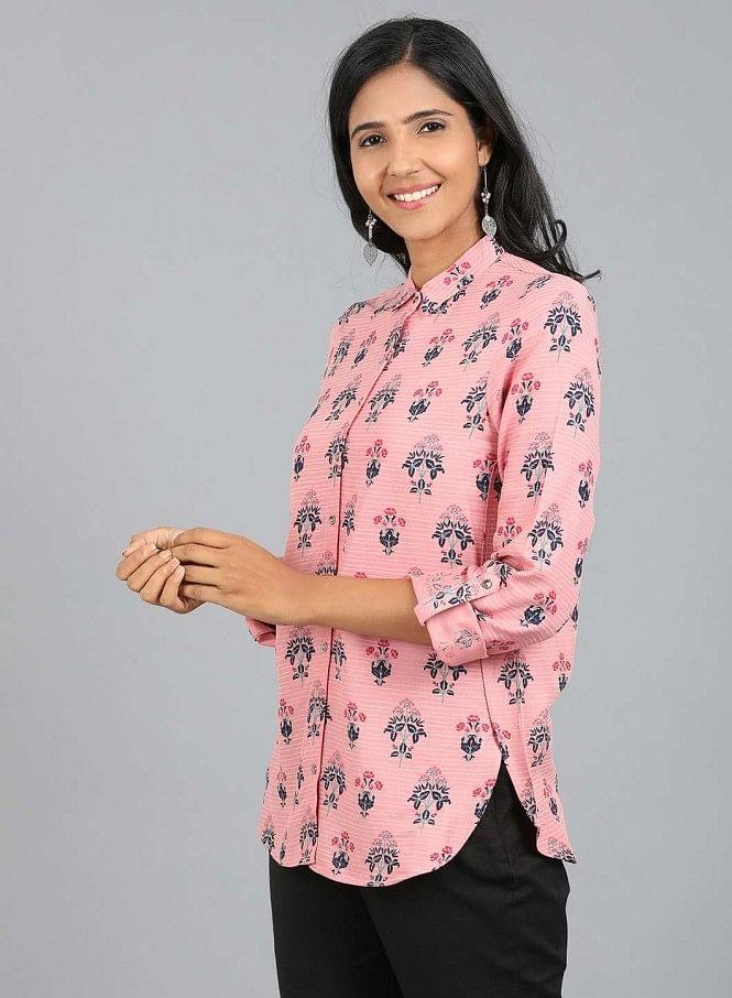 Pink Shirt Collar Floral Print Top - wforwoman