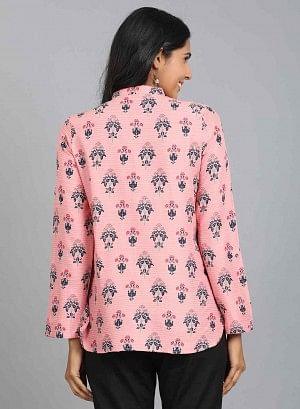 Pink Shirt Collar Floral Print Top - wforwoman