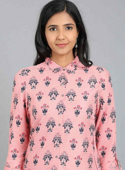 Pink Shirt Collar Floral Print Top - wforwoman