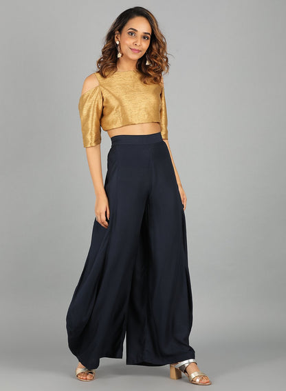 Blue Solid Draped Pants