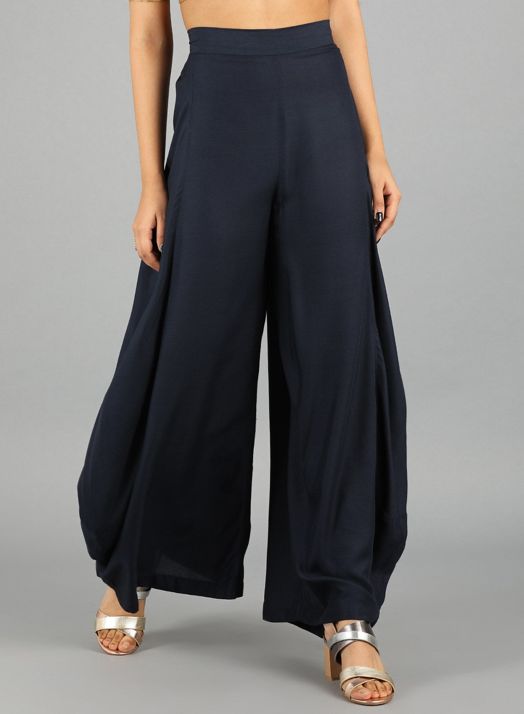 Blue Solid Draped Pants